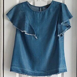 Bobeau Lightweight Blue Denim Short Sleeve Top with Fringe Women's Size XS